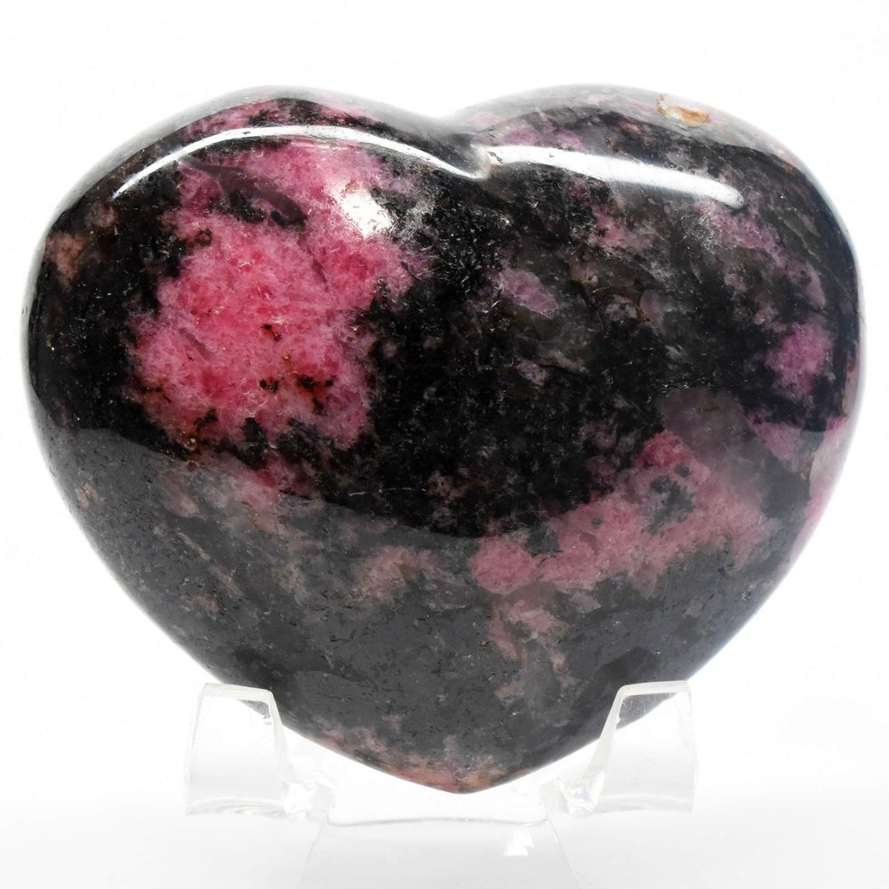 2.7" Pink Rhodonite in Black Psilomelane Heart Polished Natural Peach Blossom Jade Gemstone Crystal Mineral Specimen - Madagascar + Stand