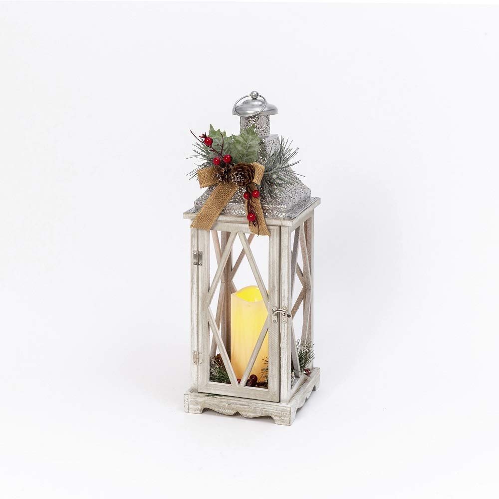 Gerson 2530070 Lighted Holiday Lantern with LED Candle and Floral Accent 20.5" H"