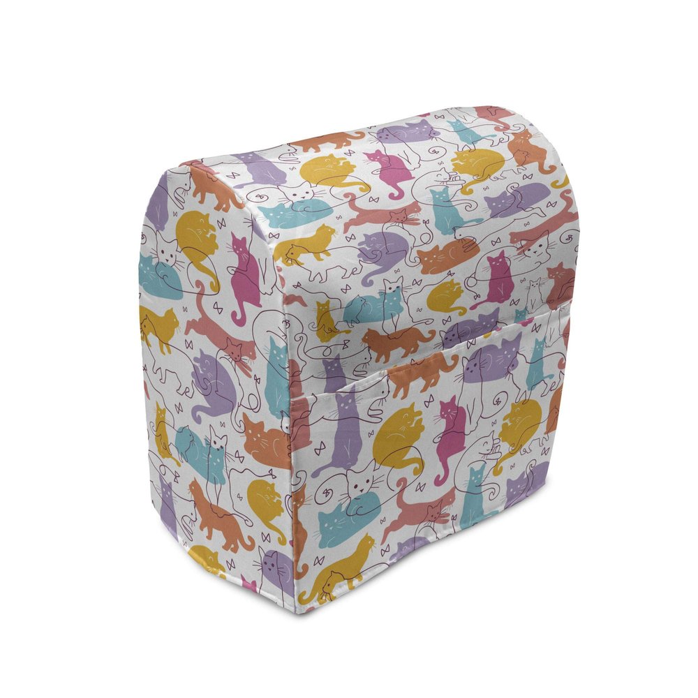 Ambesonne Cat Stand Mixer Cover, Colorful Cat Silhouettes and Outlines Bow Ties Sleeping Playing Happy Joyful, Kitchen Appliance Organizer Bag Cover with a Pocket, 6-8 Quarts, Pink Orange
