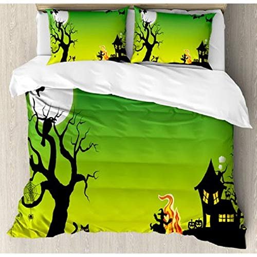 3pc Halloween Black Green King Duvet Set,Haunted House Halloween Bedding,Kiwi Tree Trick or Treat Candy Dancing Fire Horror Web Dark Spooky Boo Witch Hat Super Soft Digital Printed Machine Washable