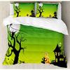3pc Halloween Black Green King Duvet Set,Haunted House Halloween Bedding,Kiwi Tree Trick or Treat Candy Dancing Fire Horror Web Dark Spooky Boo Witch Hat Super Soft Digital Printed Machine Washable view 1