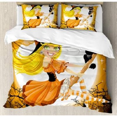 3pcs Girls Orange White Queen Duvet Cover Set, Yellow Halloween Bedding Duvet,Cute Sexy Witch on a Broom with Baby Kitten and Hazy Moonlight Print Beautiful Modern Horror Spooky Female Super Soft