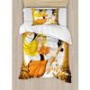 3pcs Girls Orange White Queen Duvet Cover Set, Yellow Halloween Bedding Duvet,Cute Sexy Witch on a Broom with Baby Kitten and Hazy Moonlight Print Beautiful Modern Horror Spooky Female Super Soft view 2