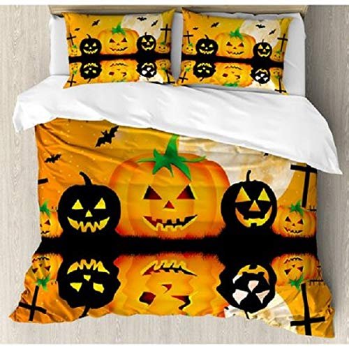 3pc Orange Black King Duvet Cover Set,Spooky Halloween Bedding Duvet,Carved Pumpkin Ivory Full Moon with Bats Grave Lake Mirror Image Water Sky Cross Horror Trick or Treat Graphic Printed