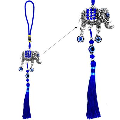 LUCKBOOSTIUM Evil Eye Elephant Keychain with Blue Tassels - Decorative Evil Eye Keychain for Blessing and Goodluck - Elephant Bag Charm, Rear View Mirror Accessories, Office & Home Decor (6x12)
