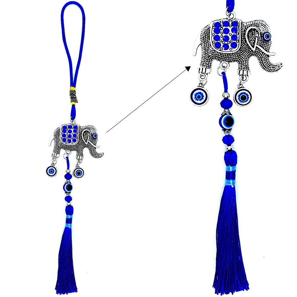 LUCKBOOSTIUM Evil Eye Elephant Keychain with Blue Tassels - Decorative Evil Eye Keychain for Blessing and Goodluck - Elephant Bag Charm, Rear View Mirror Accessories, Office & Home Decor (6x12)