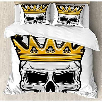 2pc Skull Black White Twin Duvet Set,Crowned Yellow Halloween Bedding Duvet,Cranium Coronet Tiara Spooky Skeleton Skeletal Gray Gold Super Soft Digital Printed Machine Washable No Fading Dryer Safe