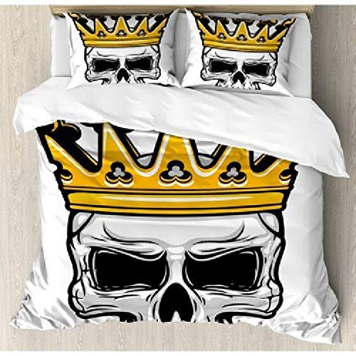 2pc Skull Black White Twin Duvet Set,Crowned Yellow Halloween Bedding Duvet,Cranium Coronet Tiara Spooky Skeleton Skeletal Gray Gold Super Soft Digital Printed Machine Washable No Fading Dryer Safe