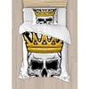2pc Skull Black White Twin Duvet Set,Crowned Yellow Halloween Bedding Duvet,Cranium Coronet Tiara Spooky Skeleton Skeletal Gray Gold Super Soft Digital Printed Machine Washable No Fading Dryer Safe view 2