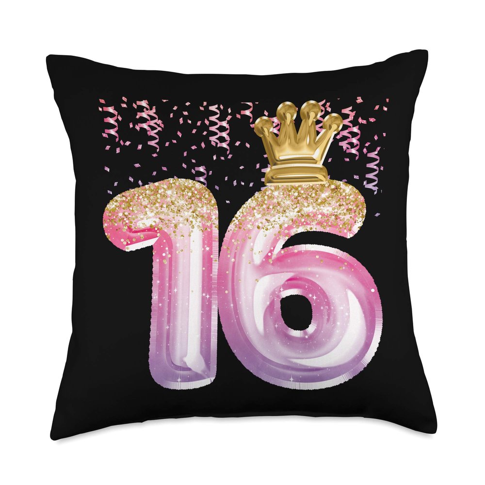 16th Birthday Gift Girls Pink Balloons Crown Sweet Sixteen Throw Pillow