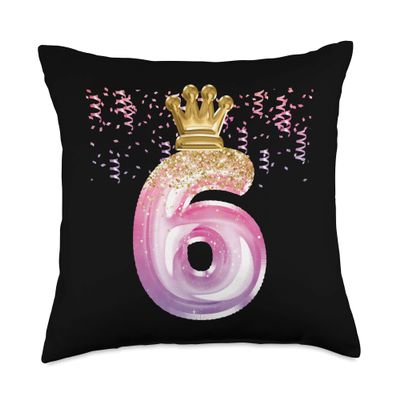 6th Birthday Gift Girls Pink Balloons Crown Six Throw Pillow
