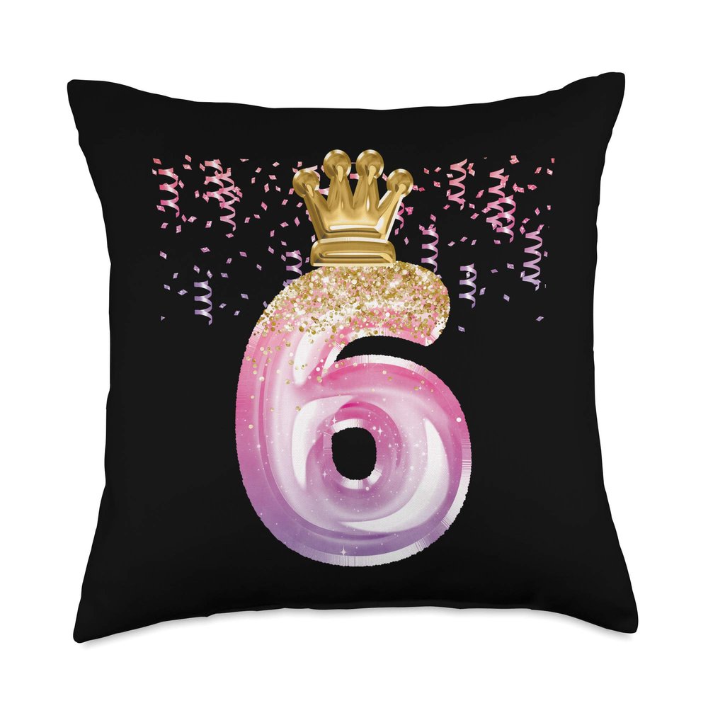6th Birthday Gift Girls Pink Balloons Crown Six Throw Pillow