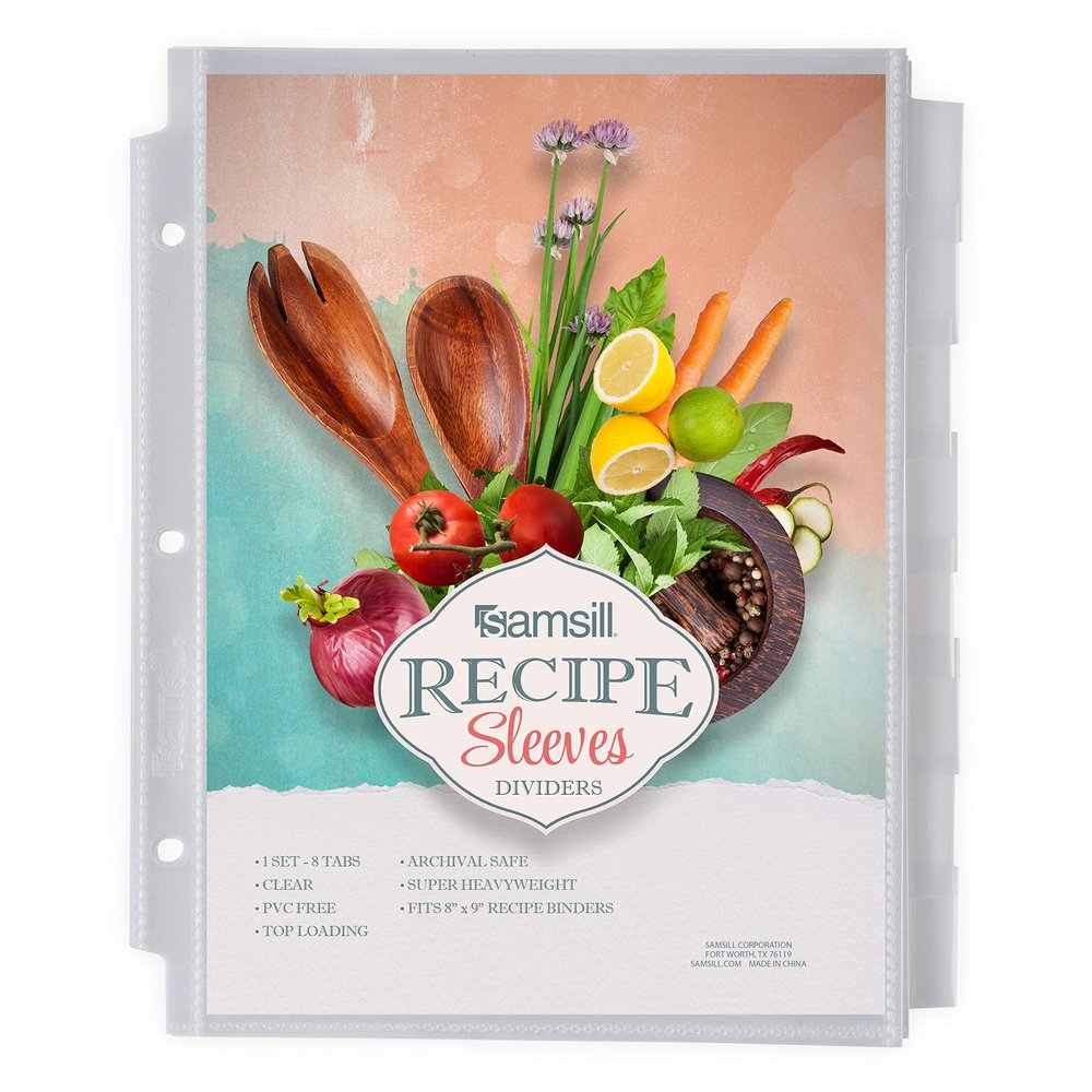 Samsill Junior 8 Tab Recipe Dividers, Recipe Sleeves, Sheet Protector Dividers with Tab Inserts, Clear, Super Heavyweight, Top Loading, 3 Hold Punched, Fits 8x9 Inch Mini Recipe Binders, Archival Safe