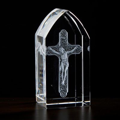 Christian Brands Home Dcor - Cathedral Window-Shaped Laser Etched Glass Block by Jeweled Cross, 1.5" W x 3.25" H, Crucifix