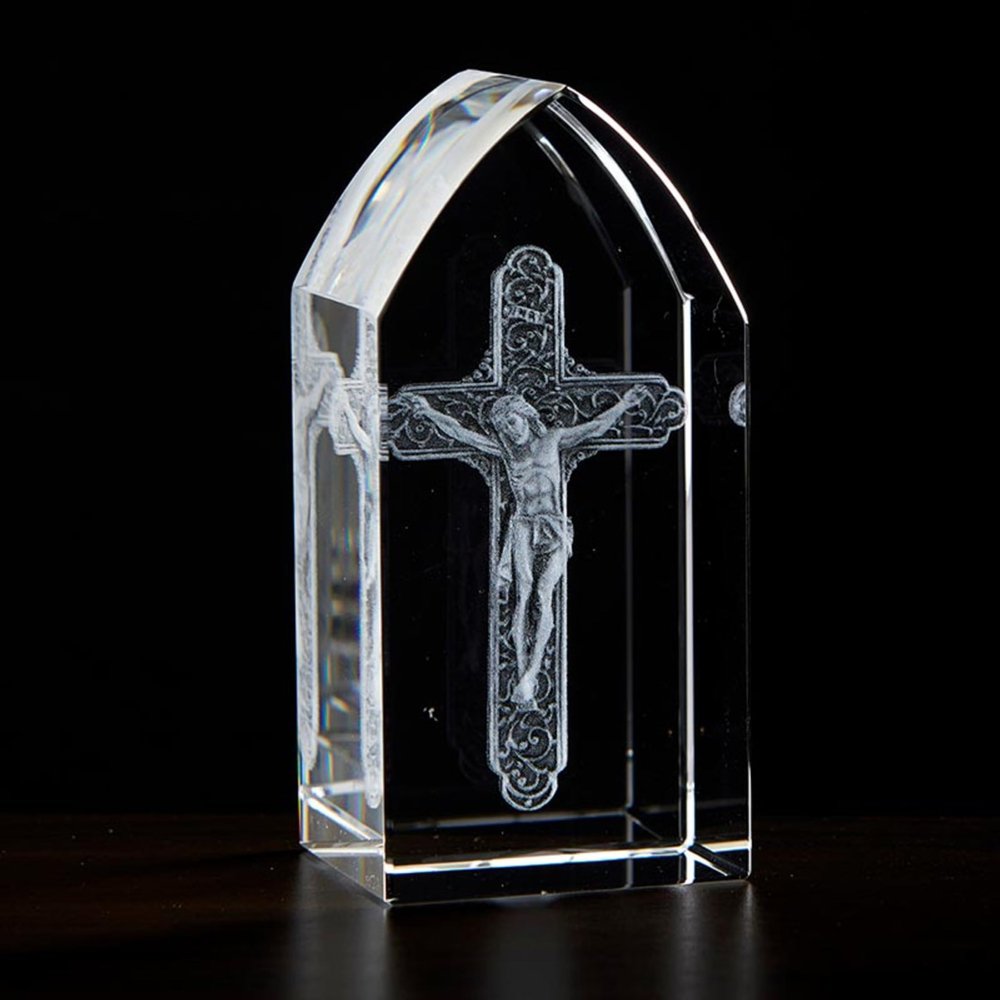 Christian Brands Home Dcor - Cathedral Window-Shaped Laser Etched Glass Block by Jeweled Cross, 1.5" W x 3.25" H, Crucifix