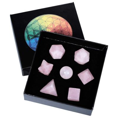 Amogeeli Crystal Platonic Solids Sacred Geometry Set, Healing Stone Gift Kit with Merbaka Star, Rose Quartz