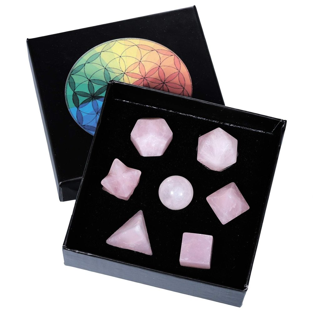 Amogeeli Crystal Platonic Solids Sacred Geometry Set, Healing Stone Gift Kit with Merbaka Star, Rose Quartz