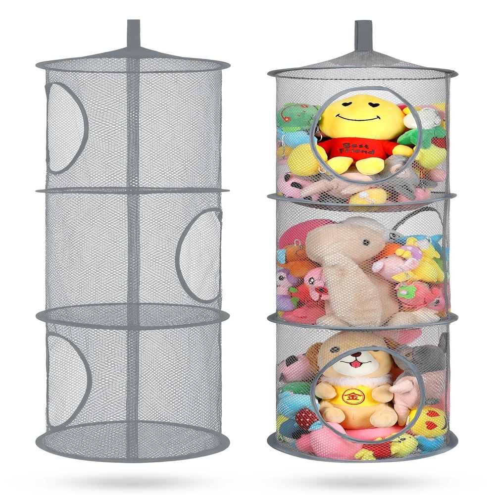 coastal rose 2Pcs Stuffed Animal Storage Foldable Stuffed Animal Net or Hammock Organizer, 3 Compartments Hanging Mesh Toy Storage Hammock for Kid Room Toys, Gloves, Hats, SocksGrey