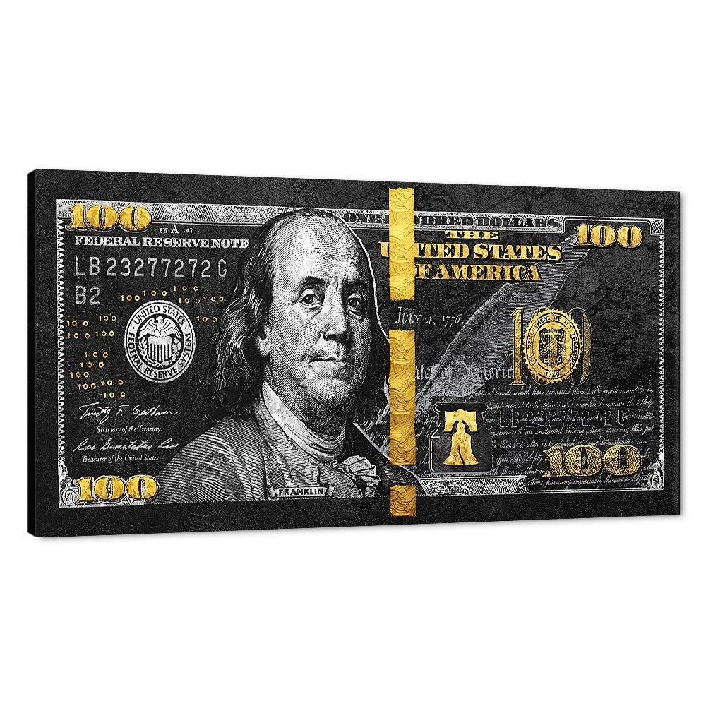 100 Money Wall Art Black Gold Dollars Bill Canvas Paintings Posters and Posters Inspirational Wall Pictures for Bathroom Guest Room Game Room Wall Hang Large Size Wooden Framed Art Print-48 Wx24 H