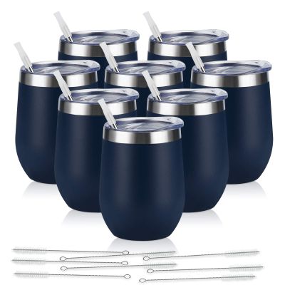 8 Pack 12Oz Stainless Steel Wine Tumblers, Insulated Wine Tumbler, Double Wall Insulated Wine Glass, Stainless Steel Stemless Wine Cups with Lids for Coffee, Wine, Cocktails, Champaign, Navy Blue