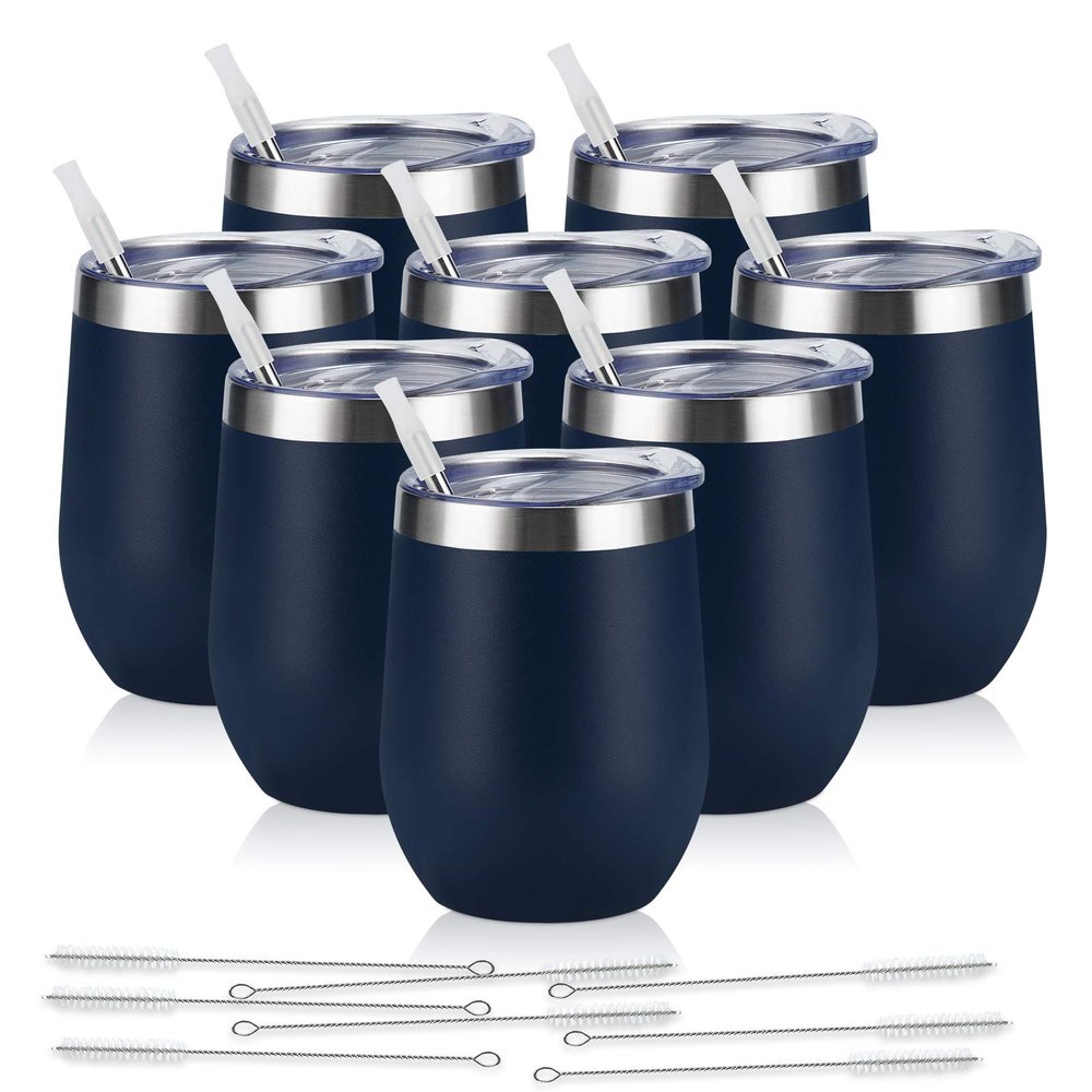 8 Pack 12Oz Stainless Steel Wine Tumblers, Insulated Wine Tumbler, Double Wall Insulated Wine Glass, Stainless Steel Stemless Wine Cups with Lids for Coffee, Wine, Cocktails, Champaign, Navy Blue