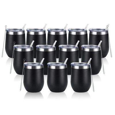 12 Pack Stainless Steel Wine Tumblers, 12Oz Double Wall Vacuum Insulated Wine Tumblers with Lids and Straws, Stainless Steel Stemless Wine Glasses for Coffee, Wine, Cocktails, Champaign, Black