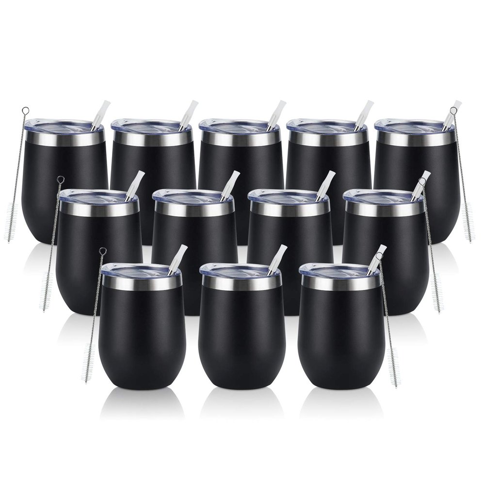 12 Pack Stainless Steel Wine Tumblers, 12Oz Double Wall Vacuum Insulated Wine Tumblers with Lids and Straws, Stainless Steel Stemless Wine Glasses for Coffee, Wine, Cocktails, Champaign, Black