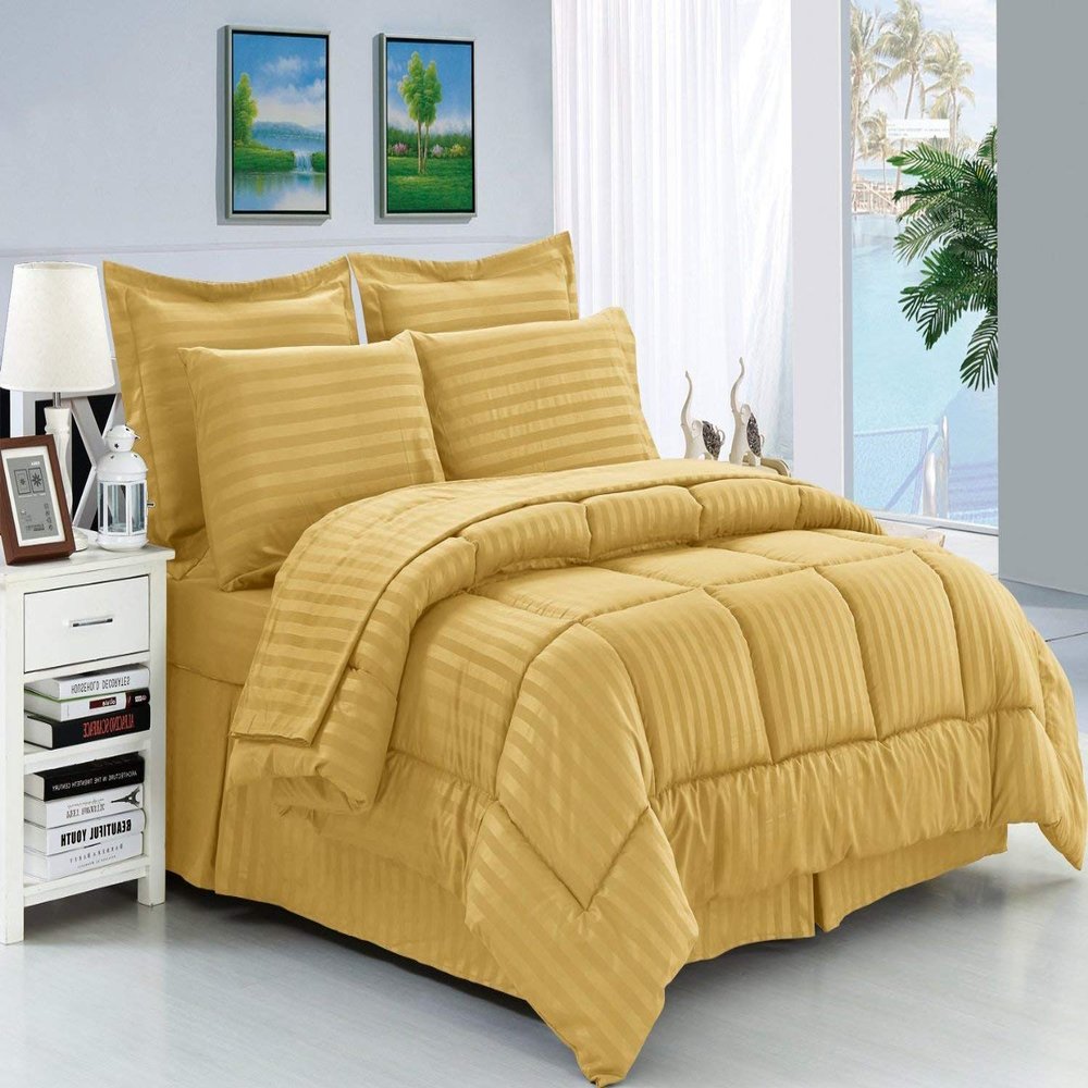 8Pcs Comforter Bedding Collection 100% Cotton 500 GSM Bed in A Bag 1Comforter,1Fitted Sheet 15''DP,1Flat Sheet,2Pillow Shams,2Pillow Cases,1Pleated Bed Skirt 15''Drop,King/Gold Stripe