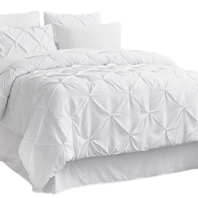 8Pcs Pinch Pleated Comforter Bedding Collection 100% Cotton 500 GSM in A Bag 1Comforter,1Fitted Sheet 15''DP,1Flat Sheet,2Pillow Shams,2Pillow Cases,1Pleated Bed Skirt 15''Drop,Cal-King/Pinch White