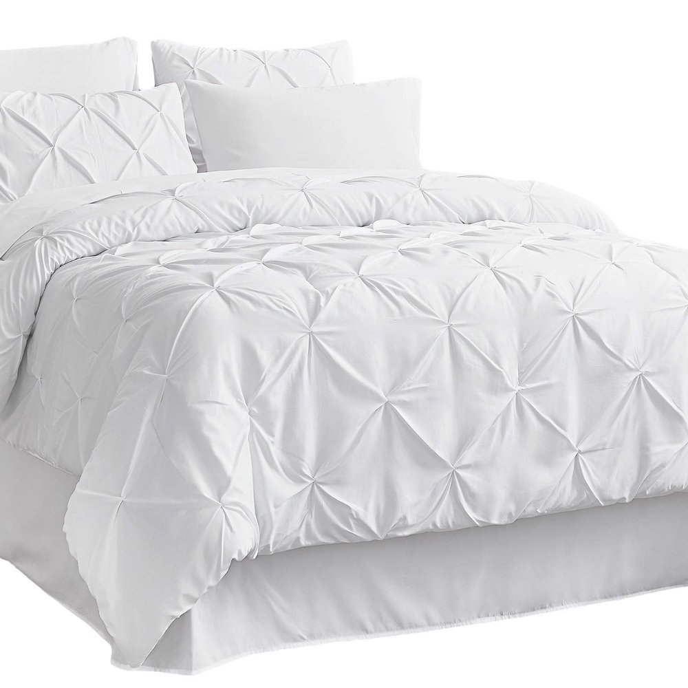 8Pcs Pinch Pleated Comforter Bedding Collection 100% Cotton 500 GSM in A Bag 1Comforter,1Fitted Sheet 15''DP,1Flat Sheet,2Pillow Shams,2Pillow Cases,1Pleated Bed Skirt 15''Drop,Cal-King/Pinch White