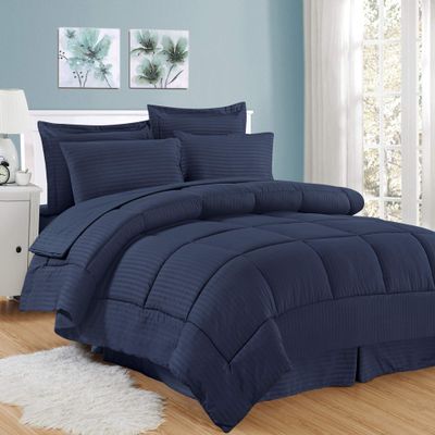 8Pcs Comforter Bedding Collection 100% Cotton 500 GSM Bed in A Bag 1Comforter,1Fitted Sheet 15''DP,1Flat Sheet,2Pillow Shams,2Pillow Cases,1Pleated Bed Skirt 15''Drop,Twin XL/Navy Stripe