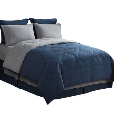 8Pcs Reversible Comforter Bedding Set 100% Cotton 500 GSM in A Bag 1Comforter,1Fitted Sheet 15''DP,1Flat Sheet,2Pillow Shams,2Pillow Cases,1Pleated Bed Skirt 15''Drop,Queen-Navy/Gray
