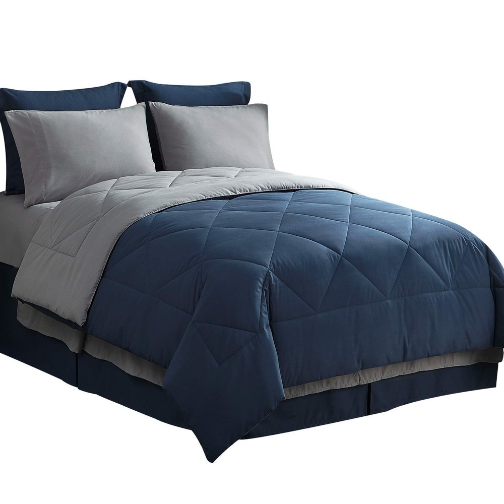 8Pcs Reversible Comforter Bedding Set 100% Cotton 500 GSM in A Bag 1Comforter,1Fitted Sheet 15''DP,1Flat Sheet,2Pillow Shams,2Pillow Cases,1Pleated Bed Skirt 15''Drop,Queen-Navy/Gray