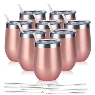 8 Pack 12Oz Stainless Steel Wine Tumblers, Insulated Wine Tumbler, Double Wall Insulated Wine Glass, Stainless Steel Stemless Wine Cups with Lids for Coffee, Wine, Cocktails, Champaign, Rose Gold