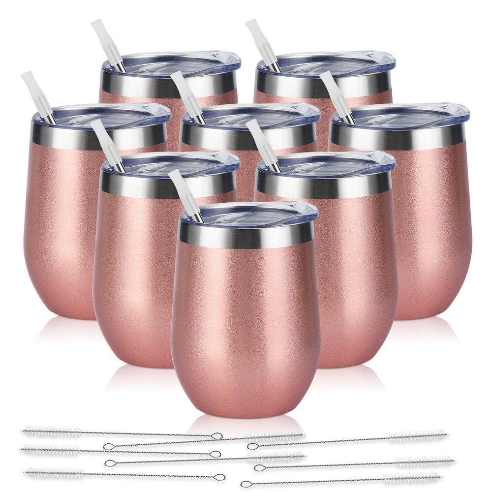 8 Pack 12Oz Stainless Steel Wine Tumblers, Insulated Wine Tumbler, Double Wall Insulated Wine Glass, Stainless Steel Stemless Wine Cups with Lids for Coffee, Wine, Cocktails, Champaign, Rose Gold
