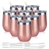8 Pack 12Oz Stainless Steel Wine Tumblers, Insulated Wine Tumbler, Double Wall Insulated Wine Glass, Stainless Steel Stemless Wine Cups with Lids for Coffee, Wine, Cocktails, Champaign, Rose Gold view 1
