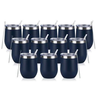 12 Pack Stainless Steel Wine Tumblers, 12Oz Double Wall Vacuum Insulated Wine Tumblers with Lids and Straws, Stainless Steel Stemless Wine Glasses for Coffee, Wine, Cocktails, Champaign, Navy Blue