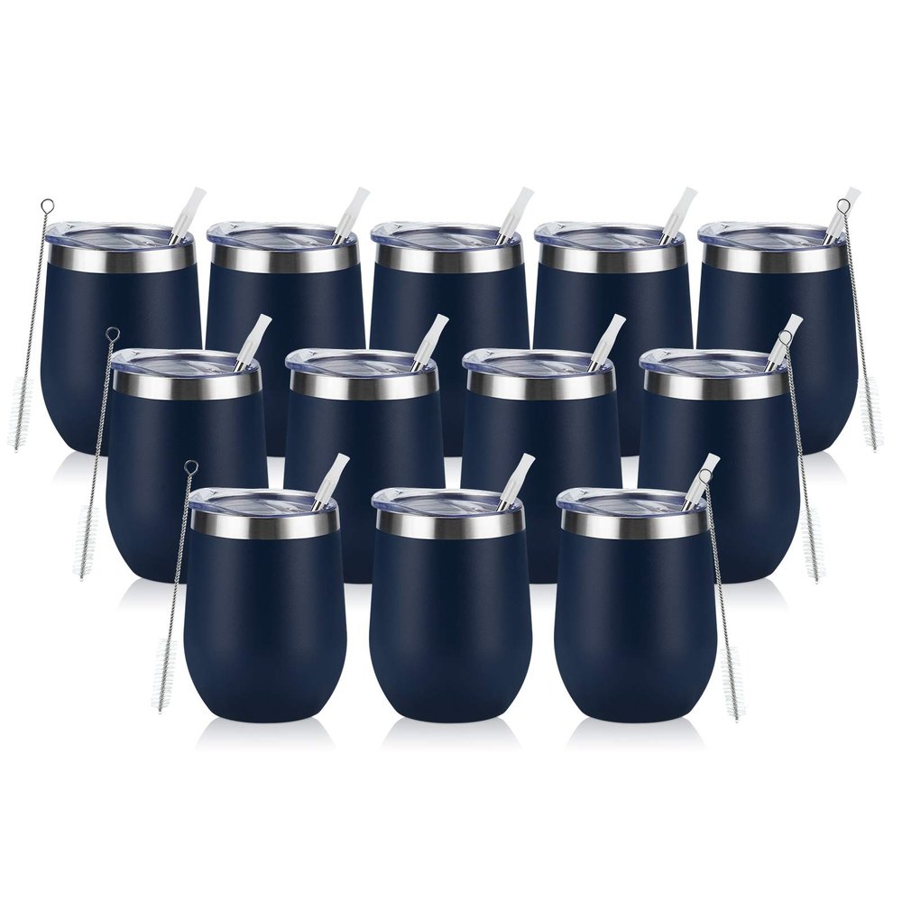 12 Pack Stainless Steel Wine Tumblers, 12Oz Double Wall Vacuum Insulated Wine Tumblers with Lids and Straws, Stainless Steel Stemless Wine Glasses for Coffee, Wine, Cocktails, Champaign, Navy Blue