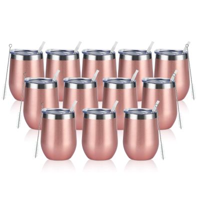 12 Pack Stainless Steel Wine Tumblers, 12Oz Double Wall Vacuum Insulated Wine Tumblers with Lids and Straws, Stainless Steel Stemless Wine Glasses for Coffee, Wine, Cocktails, Champaign, Rose Gold