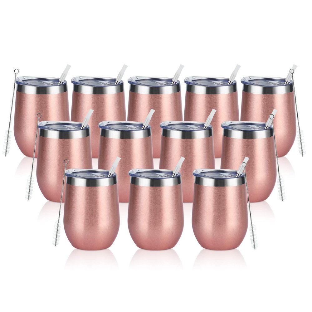 12 Pack Stainless Steel Wine Tumblers, 12Oz Double Wall Vacuum Insulated Wine Tumblers with Lids and Straws, Stainless Steel Stemless Wine Glasses for Coffee, Wine, Cocktails, Champaign, Rose Gold