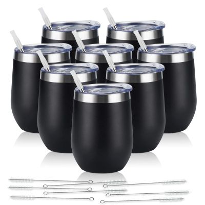 8 Pack 12Oz Stainless Steel Wine Tumblers, Insulated Wine Tumbler, Double Wall Insulated Wine Glass, Stainless Steel Stemless Wine Cups with Lids for Coffee, Wine, Cocktails, Champaign, Black