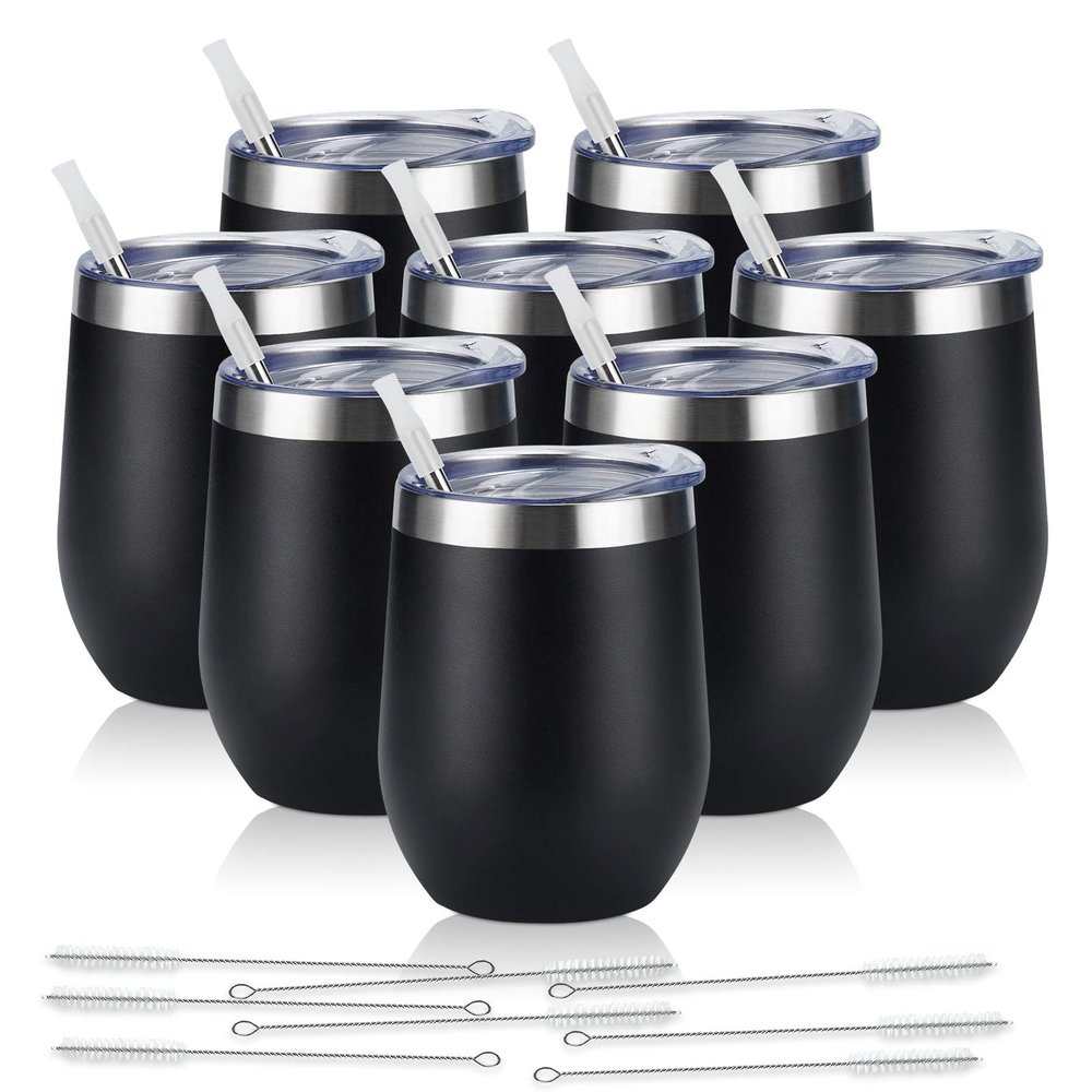 8 Pack 12Oz Stainless Steel Wine Tumblers, Insulated Wine Tumbler, Double Wall Insulated Wine Glass, Stainless Steel Stemless Wine Cups with Lids for Coffee, Wine, Cocktails, Champaign, Black