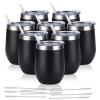 8 Pack 12Oz Stainless Steel Wine Tumblers, Insulated Wine Tumbler, Double Wall Insulated Wine Glass, Stainless Steel Stemless Wine Cups with Lids for Coffee, Wine, Cocktails, Champaign, Black view 1