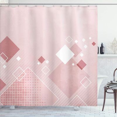 Ambesonne Abstract Shower Curtain, Geometric Composition Different Colored Squares Striped Dotted Rhombus, Cloth Fabric Bathroom Decor Set with Hooks, 84" Long Extra, Pale Rose