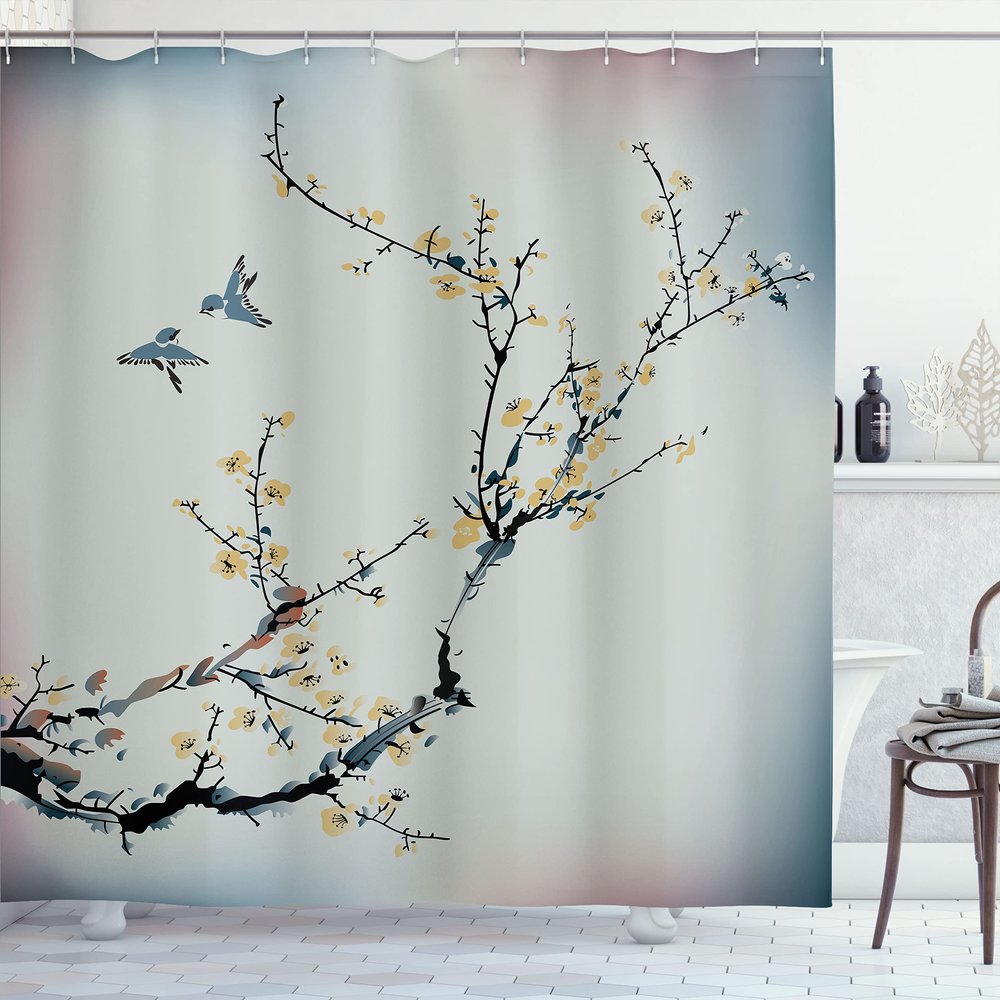 Ambesonne Nature Shower Curtain, Floral Buds Birds with Cherry Branches Style Artwork Painting Effect, Cloth Fabric Set Farm House Hotel Quality Decor for Master Bathroom, 69" W x 75" L, Grey Mustard