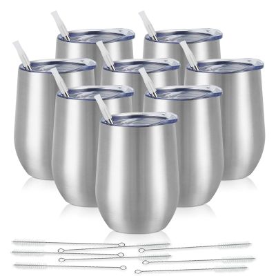 8 Pack 12Oz Stainless Steel Wine Tumblers, Insulated Wine Tumbler, Double Wall Insulated Wine Glass, Stainless Steel Stemless Wine Cups with Lids for Coffee, Wine, Cocktails, Champaign, Silver