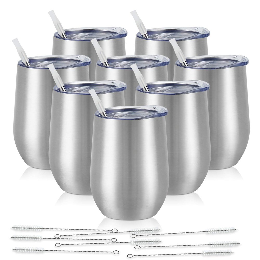 8 Pack 12Oz Stainless Steel Wine Tumblers, Insulated Wine Tumbler, Double Wall Insulated Wine Glass, Stainless Steel Stemless Wine Cups with Lids for Coffee, Wine, Cocktails, Champaign, Silver