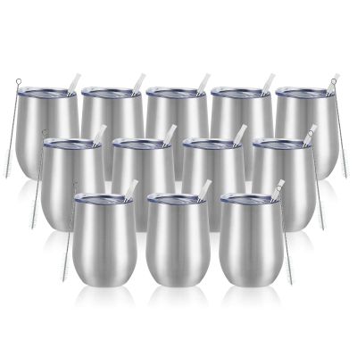 12 Pack Stainless Steel Wine Tumblers, 12Oz Double Wall Vacuum Insulated Wine Tumblers with Lids and Straws, Stainless Steel Stemless Wine Glasses for Coffee, Wine, Cocktails, Champaign, Silver