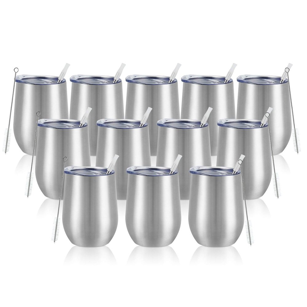 12 Pack Stainless Steel Wine Tumblers, 12Oz Double Wall Vacuum Insulated Wine Tumblers with Lids and Straws, Stainless Steel Stemless Wine Glasses for Coffee, Wine, Cocktails, Champaign, Silver