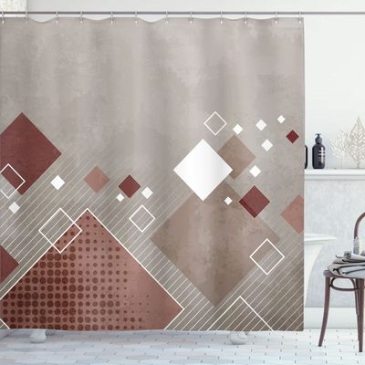 Ambesonne Abstract Shower Curtain, Geometric Composition Different Colored Squares Striped Dotted Rhombus, Cloth Fabric Bathroom Decor Set with Hooks, 69" W x 70" L, Pale Chocolate